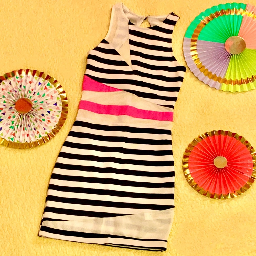 Akira Black White Stripe Hot Pink Mesh Party Dress